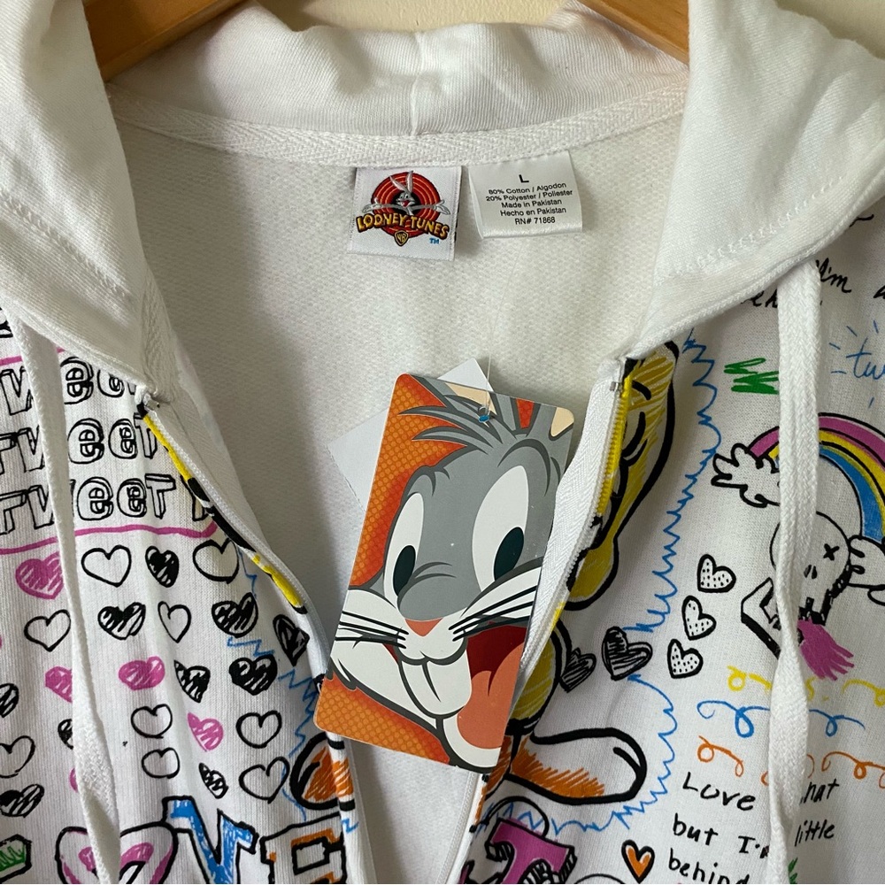 Vtg Looney Tunes Tweety Bird Y2K 90s Graffiti Retro Multicolor Zip Up Hoodie L - Picture 6 of 9